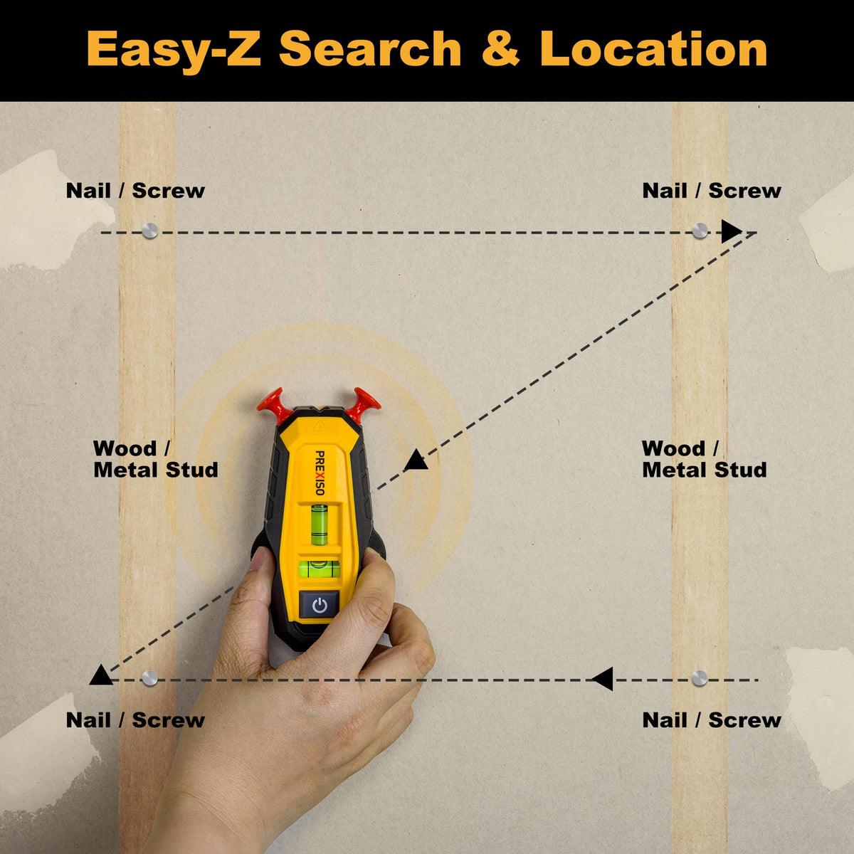 Prexiso wall scanner tool detects studs and screws behind walls.