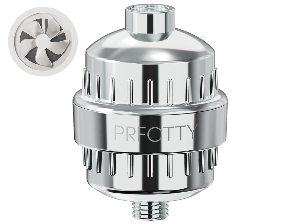 PRFCTTY 25-stage shower filter chrome head capturing clean water for gentler skin and hair