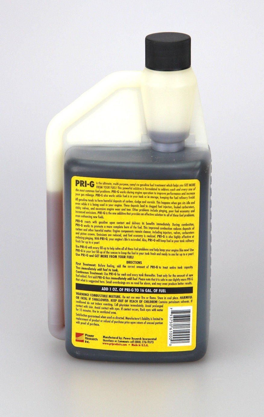 P.R.I Fuel Stabilizer 32oz pour showing easy dosing and cleaner engine start.