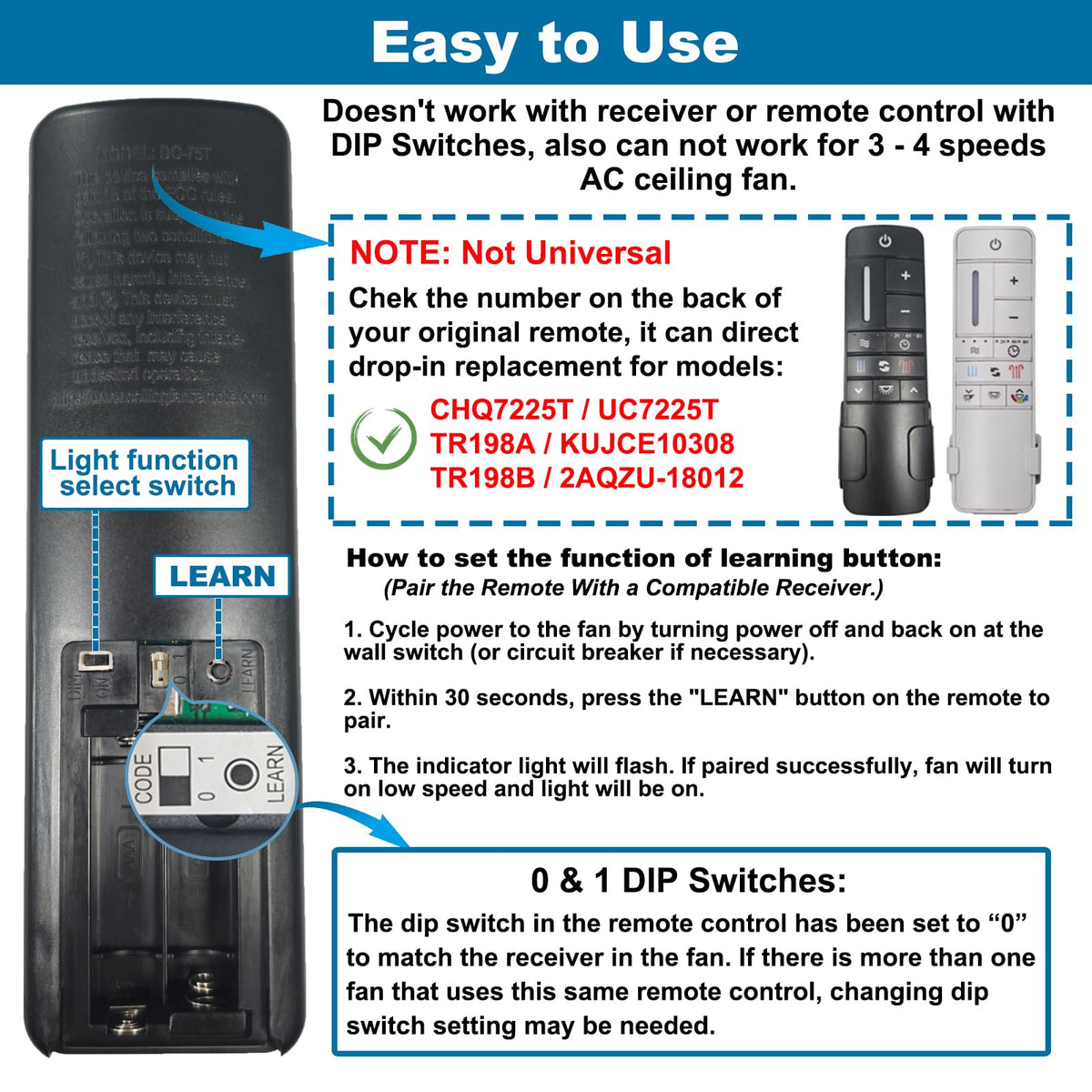 Prichor UC7225T remote works with LED dimmable bulbs for smooth lighting changes.