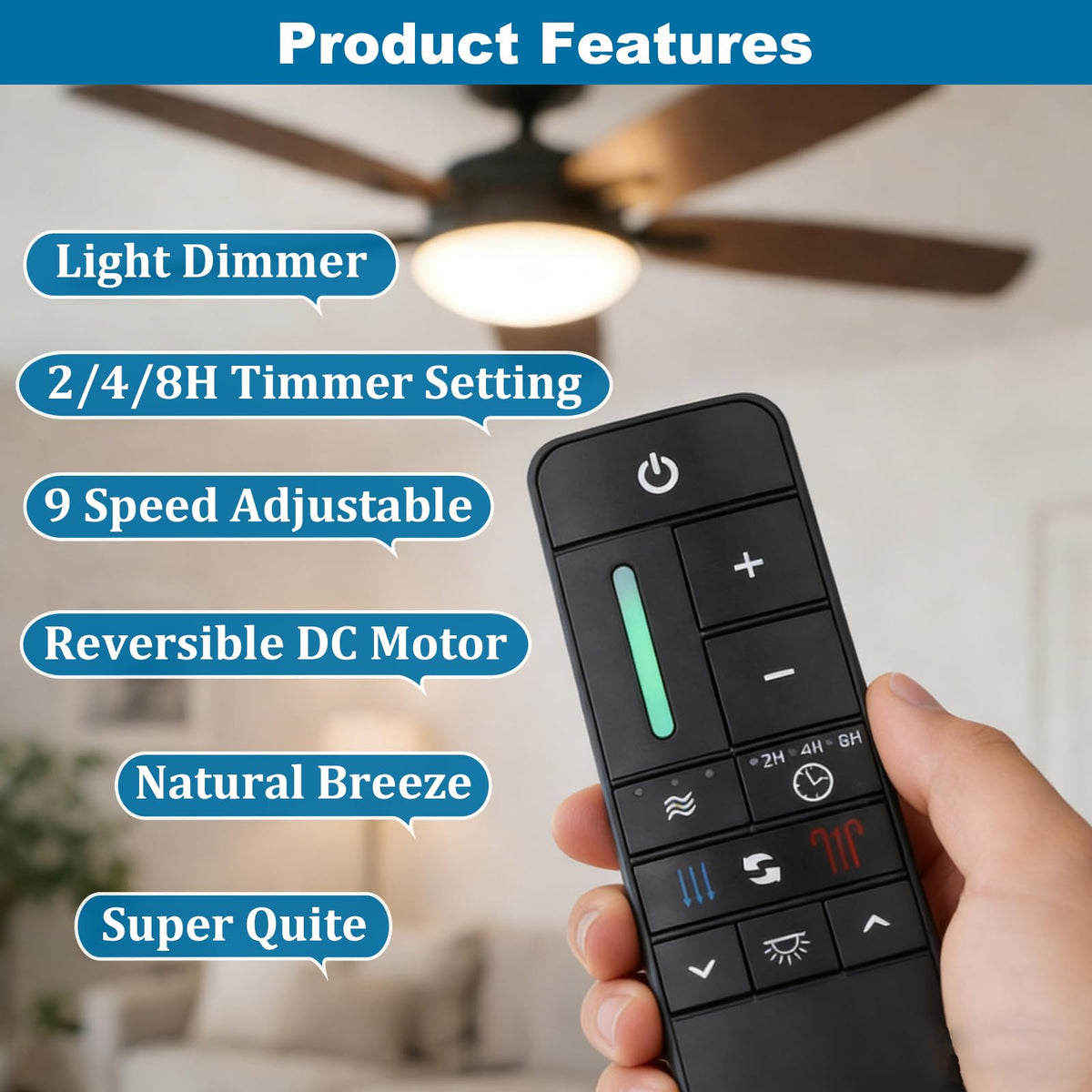 Prichor UC7225T remote pairing guide showing how to sync with a ceiling fan.