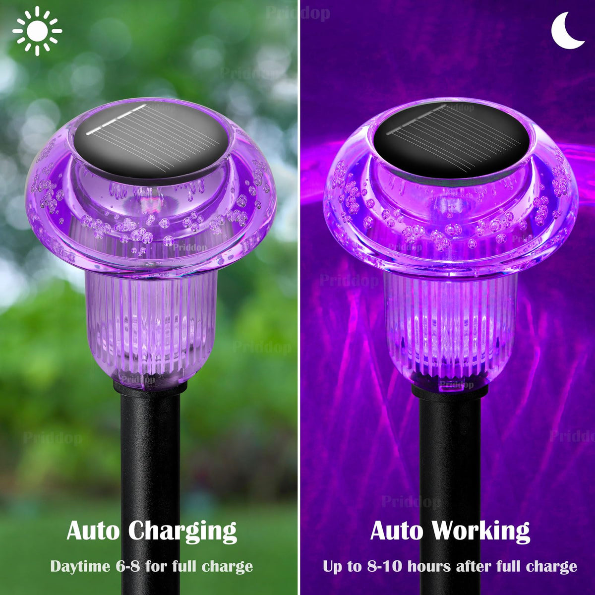 Priddop purple LED mushroom light brightens dusk walkway
