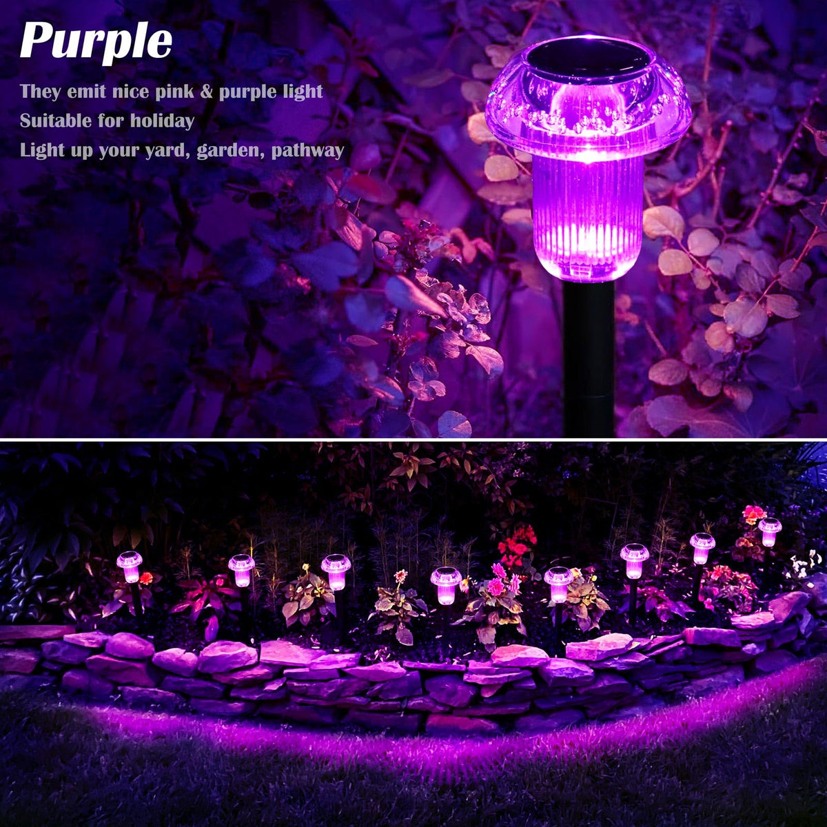 Priddop mushroom-shaped solar light along a flower bed and walkway