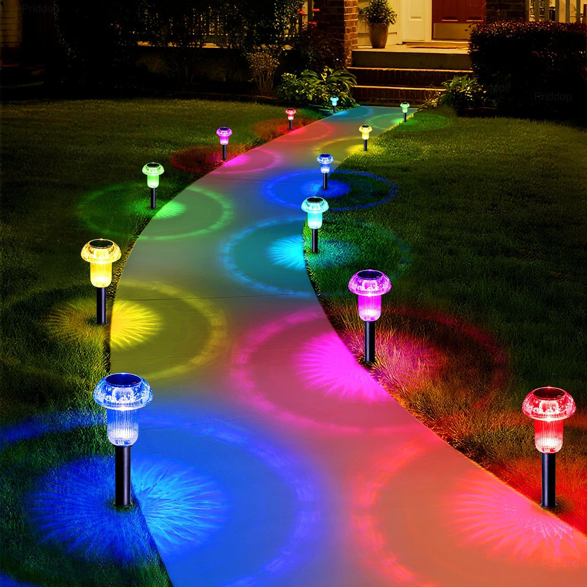 Priddop outdoor-pathway solar lights illuminate the walkway with color-changing LEDs.