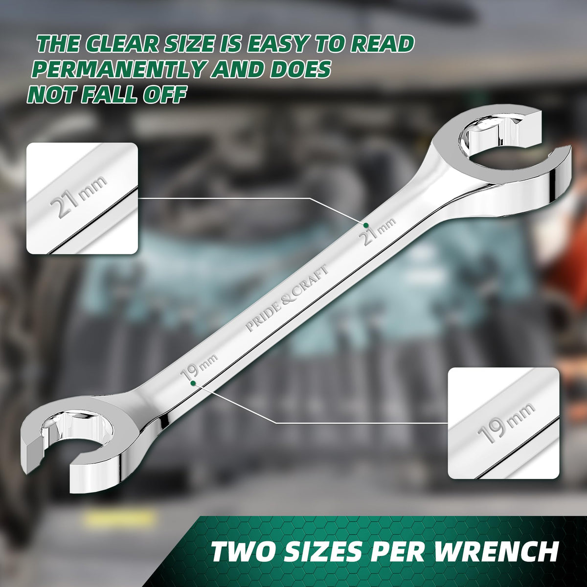 SAE sizes on PRIDE&amp;CRAFT wrenches are clearly marked for fast identification.