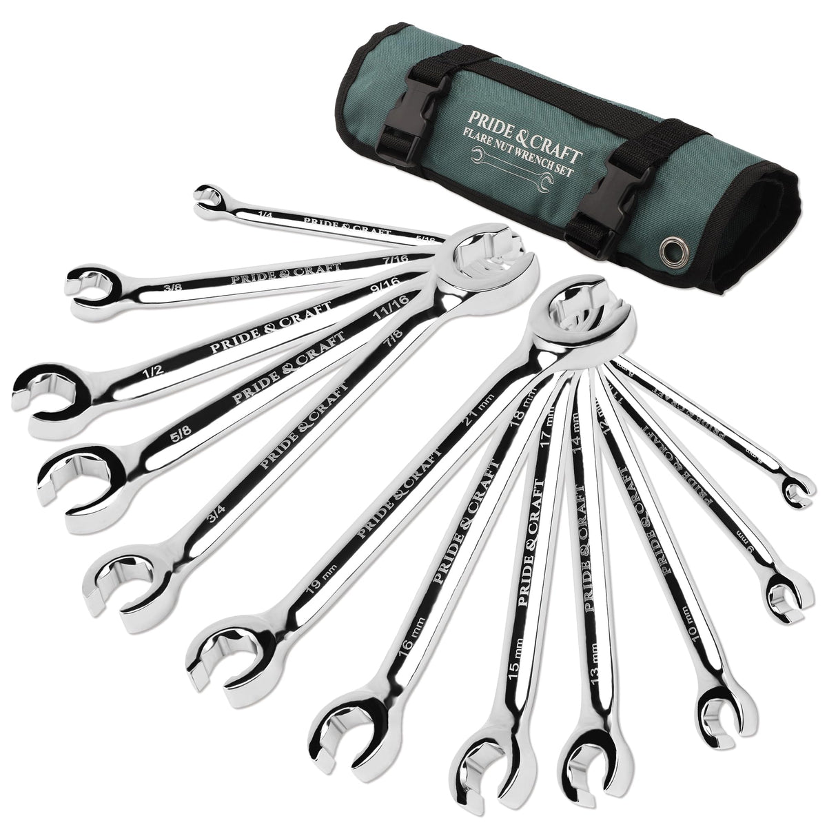 PRIDE&amp;CRAFT flare nut wrench set with metric and SAE sizes clearly marked for quick selection.