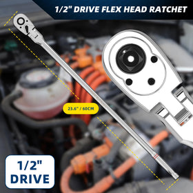 PRIDE&CRAFT flex head swivel in action for reaching tight bolts.