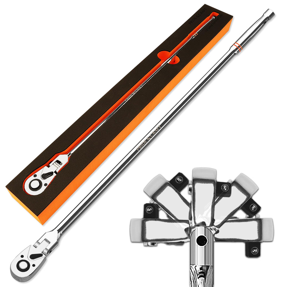 PRIDE&CRAFT half-inch drive extra long flex head ratchet, front view for enhanced leverage.