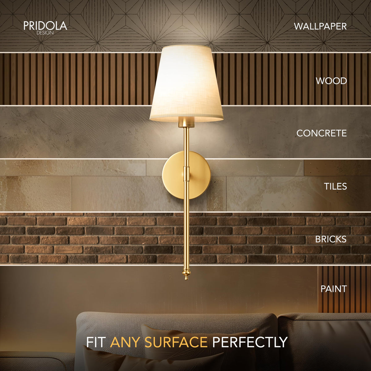 PRIDOLA gold wall sconces illuminate living rooms with stylish ambient lighting.