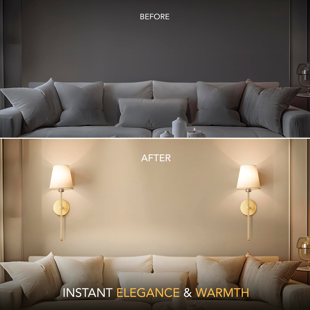 PRIDOLA two-pack wall sconces showcased as a chic bedroom and living room setup.