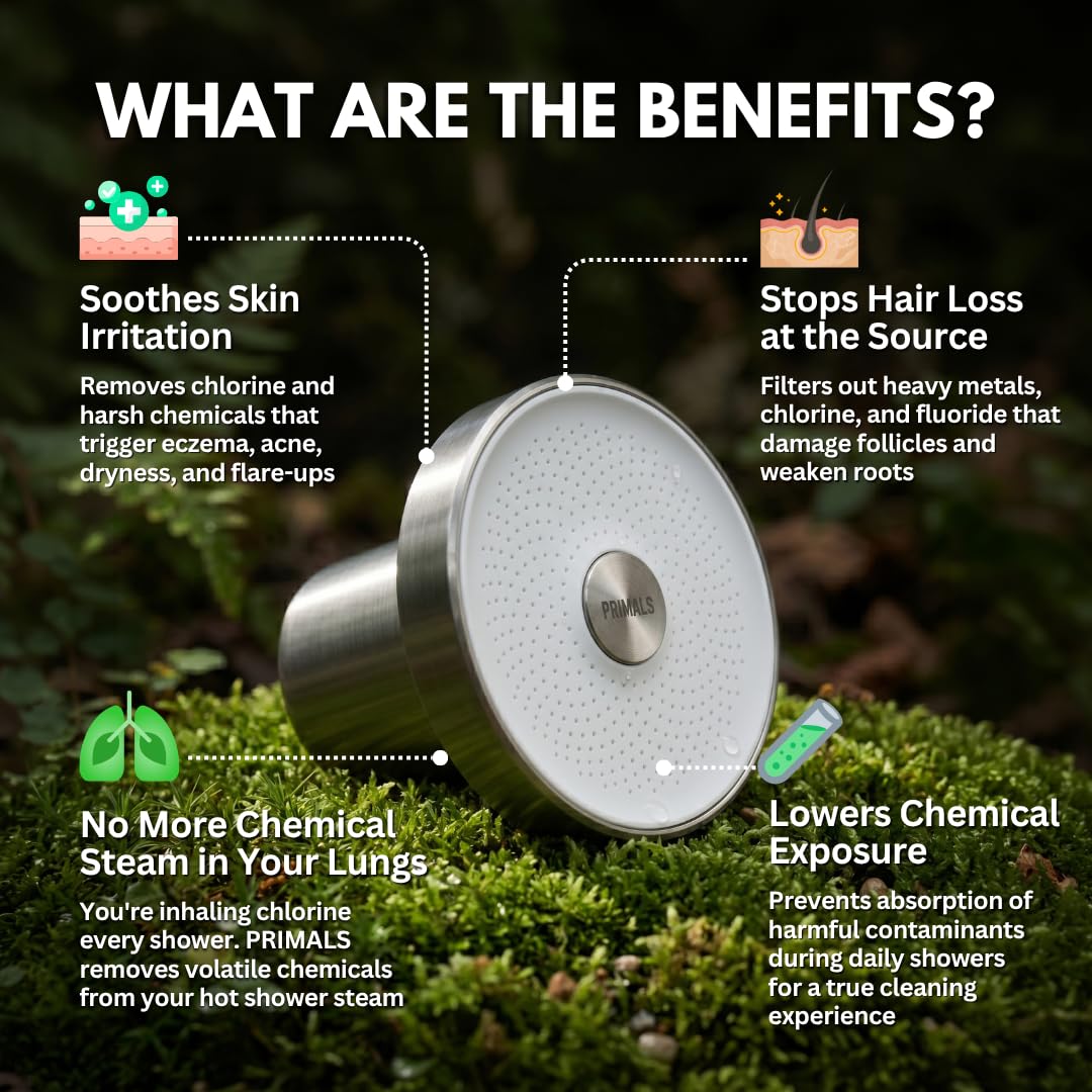 PRIMALS Filtered Shower Head removes chlorine for softer skin and less irritation