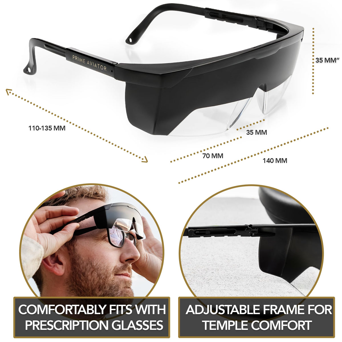 Prime Aviator FOGGLES IFR side view shows adjustable temples for comfort