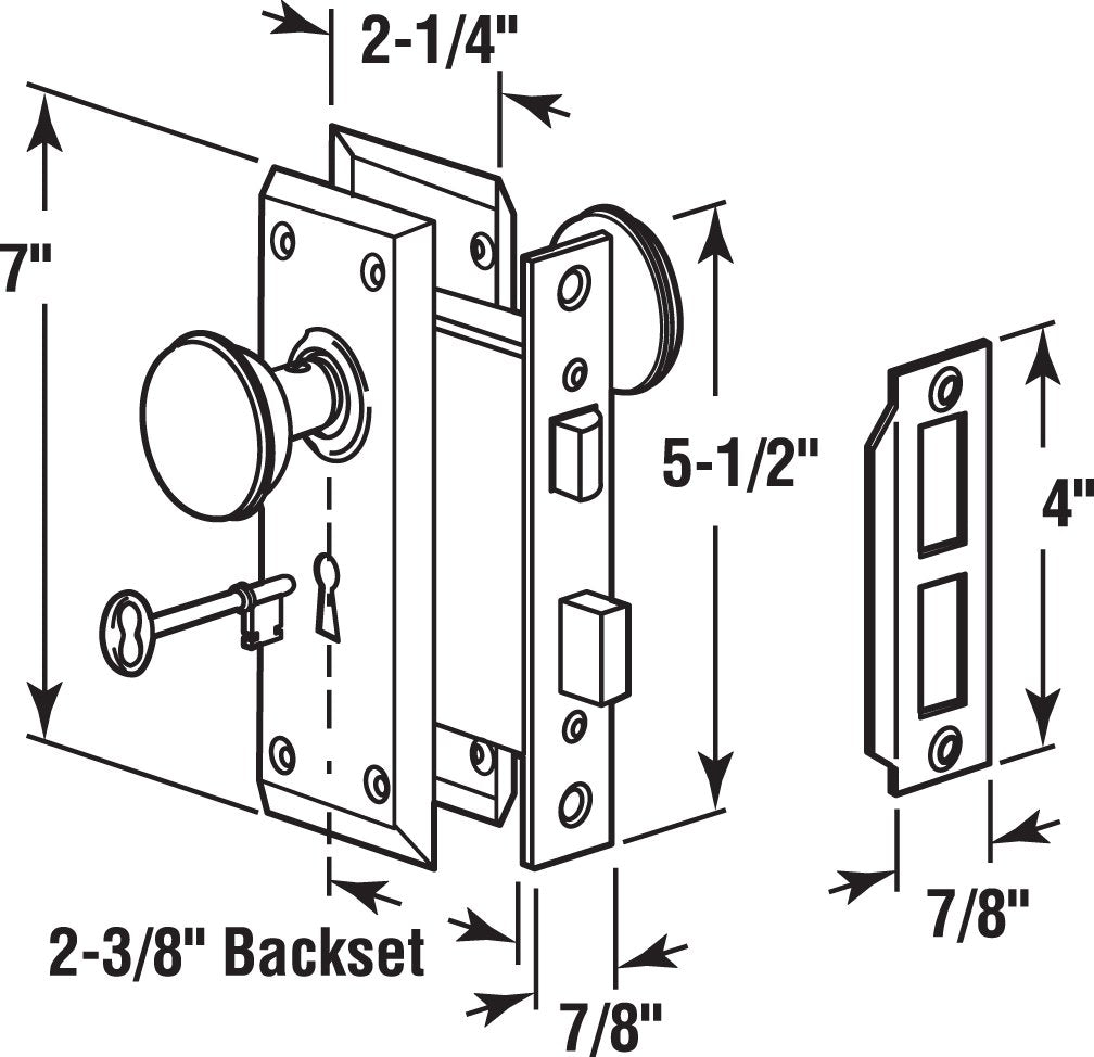Prime-Line mortise lock installation view demonstrates left or right-hand compatibility.
