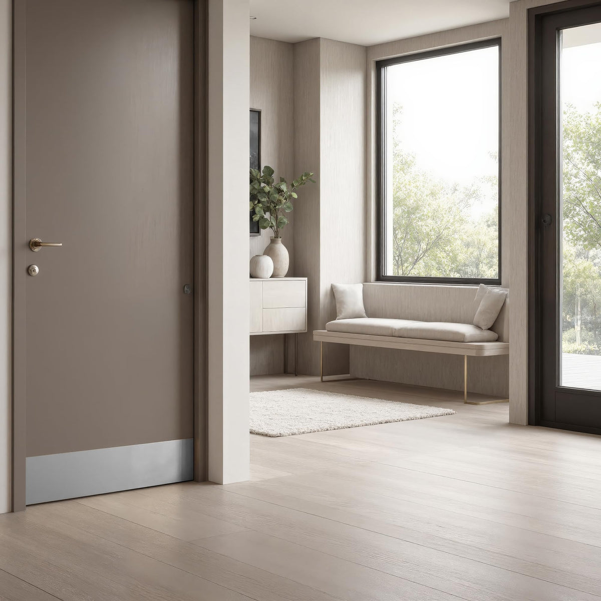 Prime-Line J 4620 satin finish kick plate protecting busy doors in high-traffic areas.