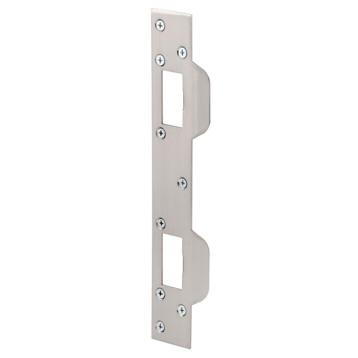 Prime-Line U 10385 door strike angled view highlighting the one-piece security plate for enhanced protection