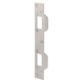 Prime-Line U 10385 door strike angled view highlighting the one-piece security plate for enhanced protection