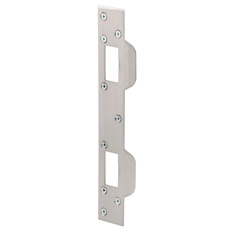 Prime-Line U 10385 door strike angled view highlighting the one-piece security plate for enhanced protection