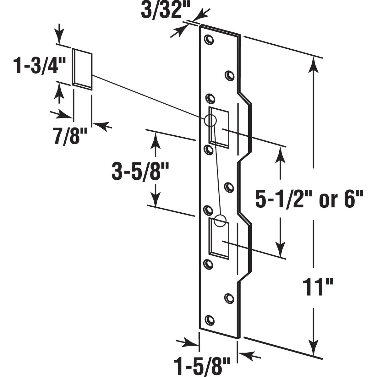 Prime-Line U 10385 door strike with six 3-inch screws, demonstrating stronger hold