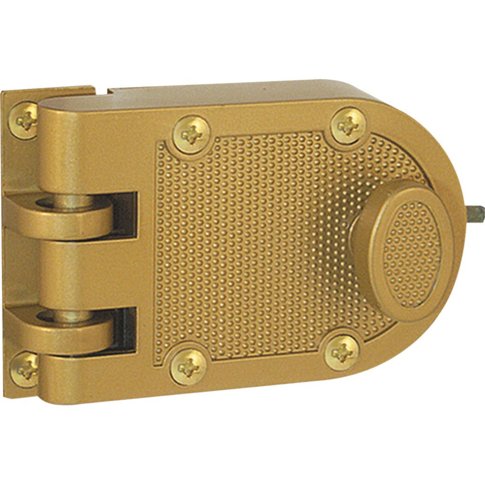 Prime-Line U 9970 brass-finish deadlock installed on a wood door for added security
