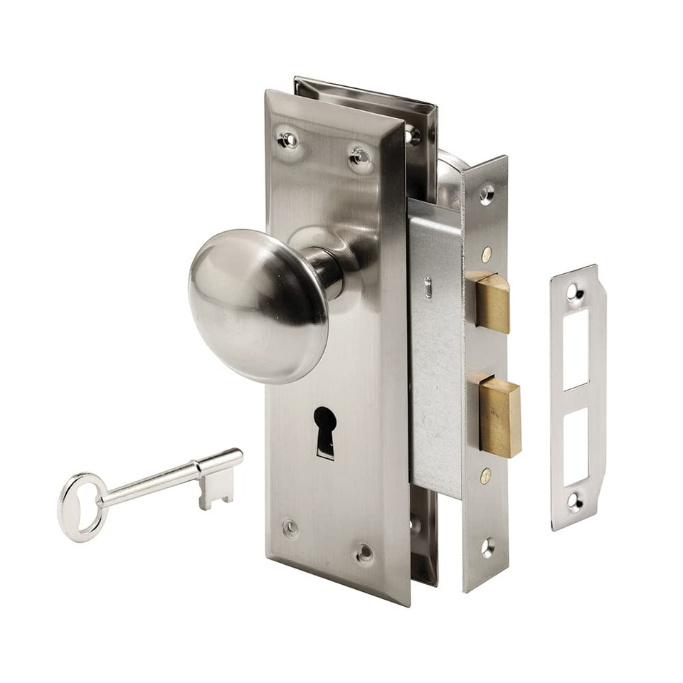 Prime-Line E 2330 mortise lock set with satin nickel knob for interior door upgrades.