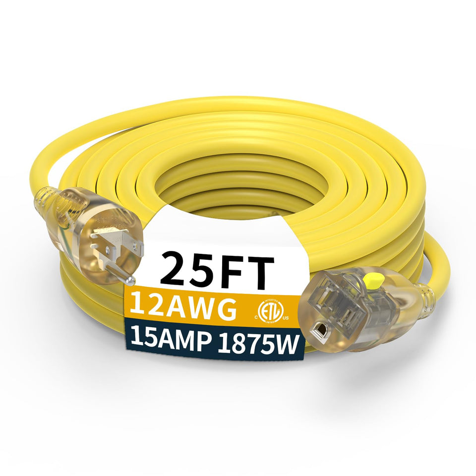 PRIMOWIRE 25ft outdoor extension cord in yellow with lighted outlet for outdoor power use