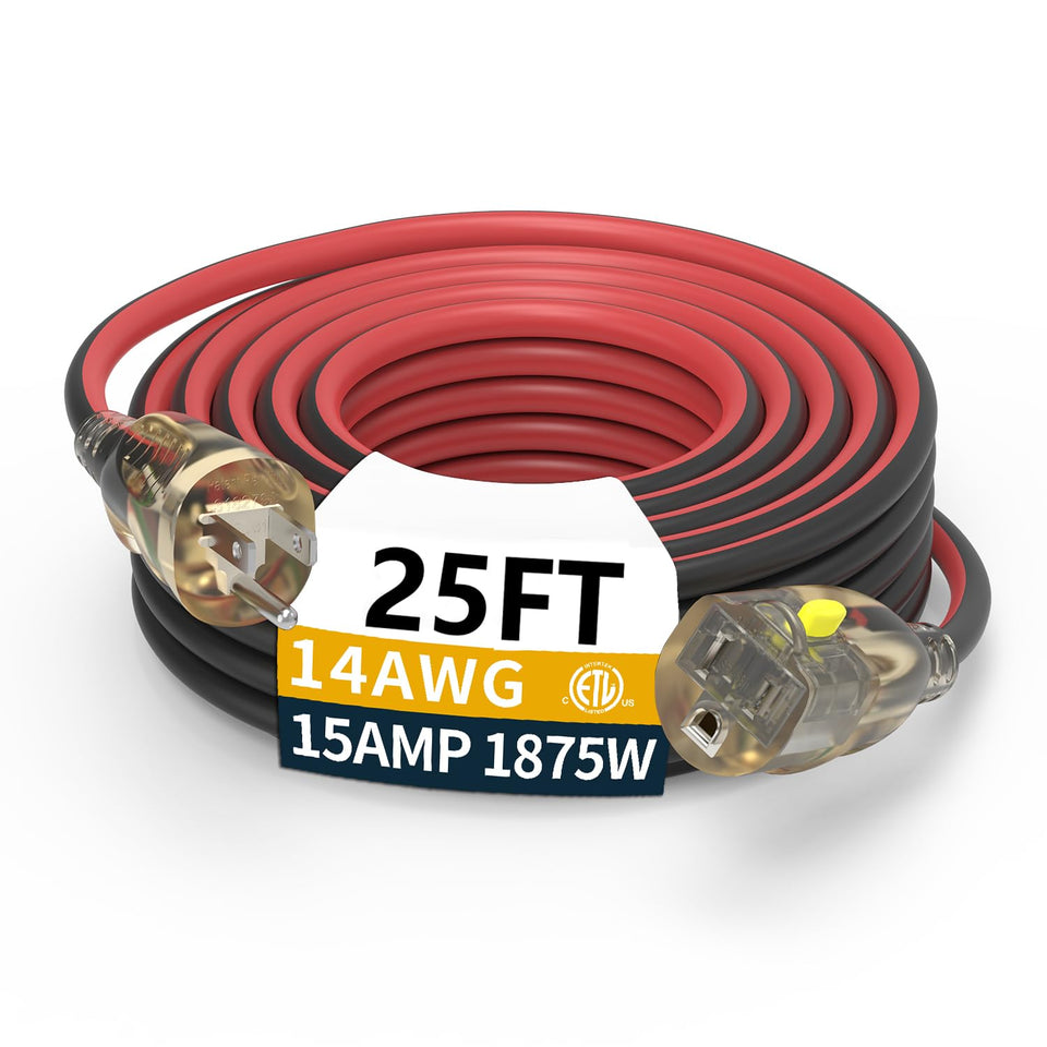 PRIMOWIRE 25ft extension cord with LED indicator shows power status for quick checks.
