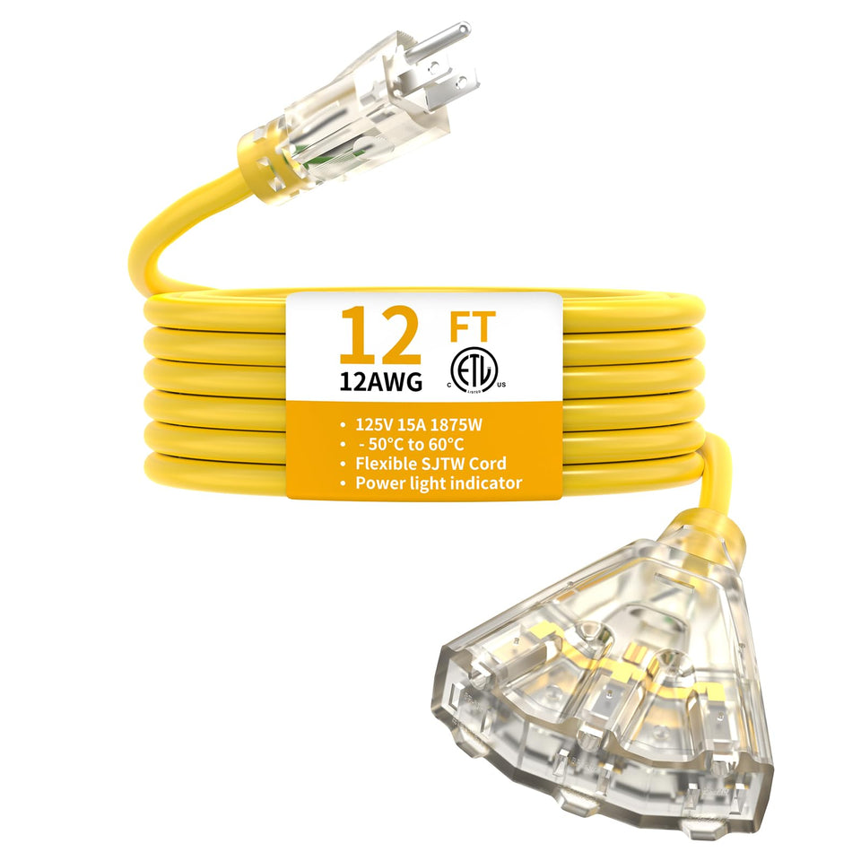PRIMOWIRE outdoor extension cord with 3 outlets and lighted end for quick power checks.