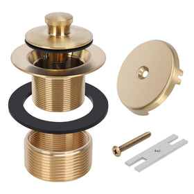 PRIMSOPH One-hole overflow faceplate in brushed gold enhances tub safety and style.