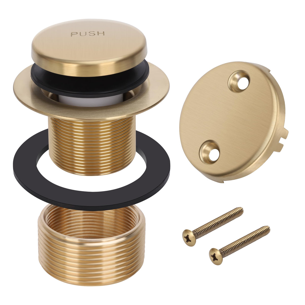 PRIMSOPH two-hole overflow faceplate enhances safety while maintaining a sleek brushed-gold look.