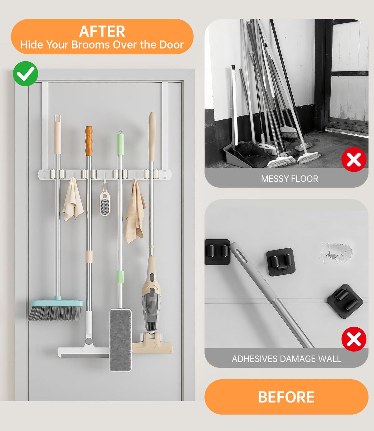 PrimZooty broom holder over door hooks close-up for easy access