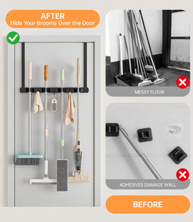 PrimZooty dual hooks over door keep brooms within easy reach.