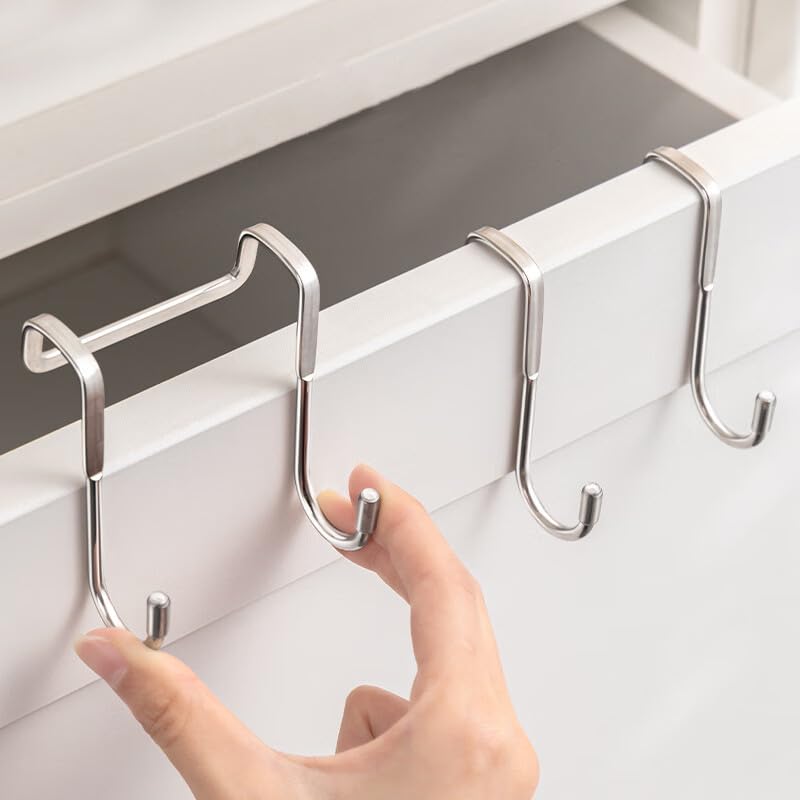 PRINKROOMY over-the-door hooks in stainless steel double design for kitchen cabinet organization.