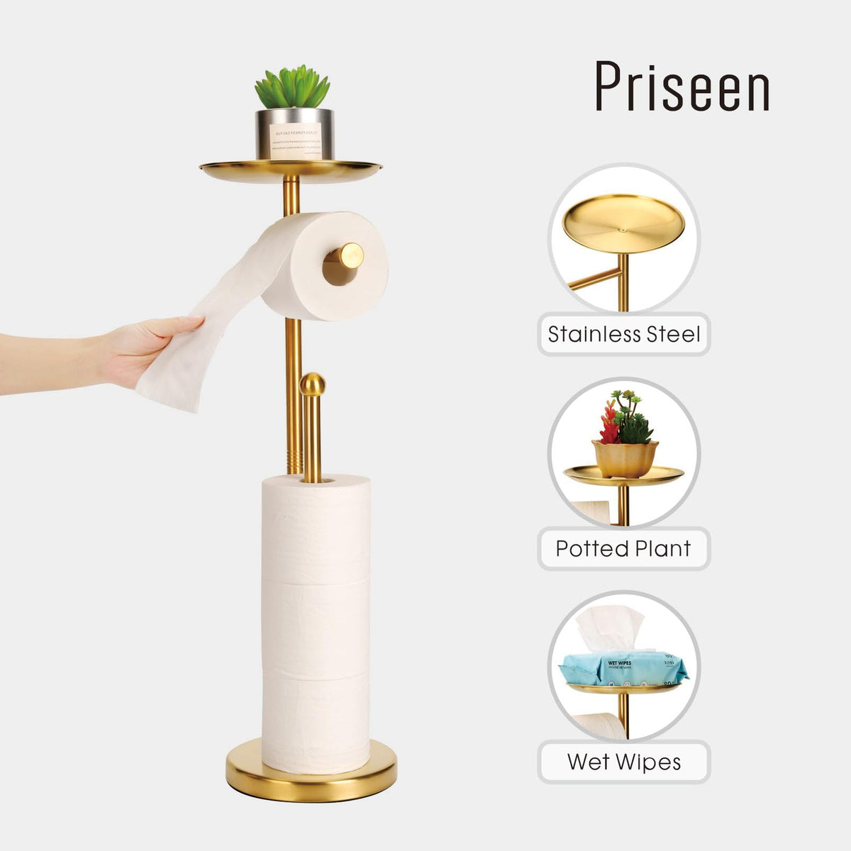 Priseen gold toilet paper holder stand in a modern bathroom setting.