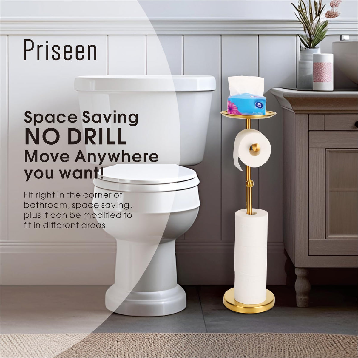 Priseen gold toilet paper holder stand phone shelf top for device storage.