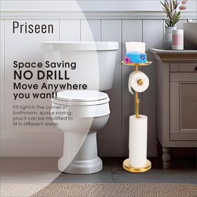 Priseen gold toilet paper holder stand phone shelf top for device storage.
