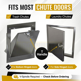 Pro Chutes wide compatibility image indicates fit for most chute doors
