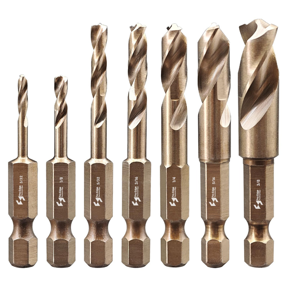 Pro Edge 7pcs cobalt stubby drill bits set for tight spaces and versatile projects.