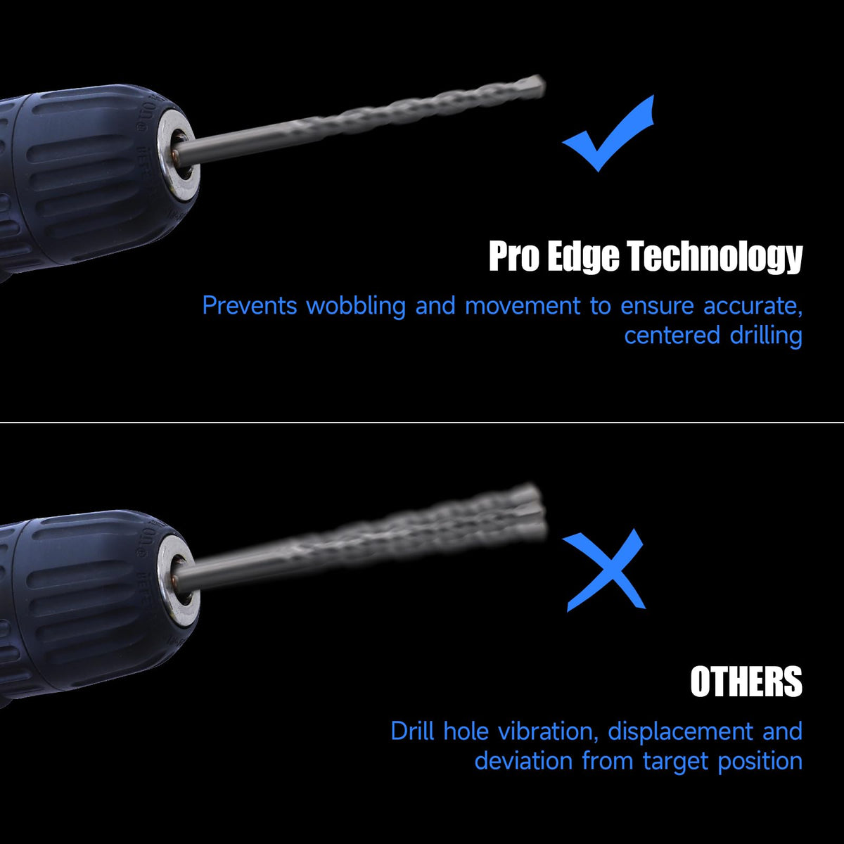 Pro Edge Technology shockproof hex shank ensures stable drilling with power tools.