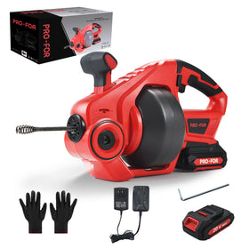 PRO-FOR 20V cordless drain auger clearing a kitchen sink clog with 25ft cable