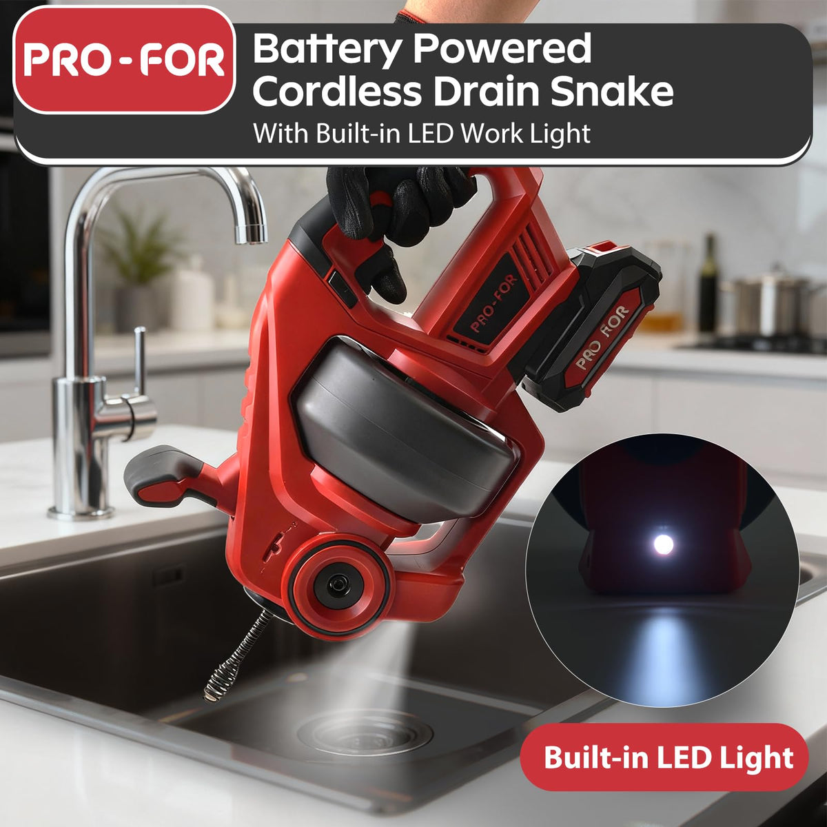 PRO-FOR 20V battery and charger powering the drain auger