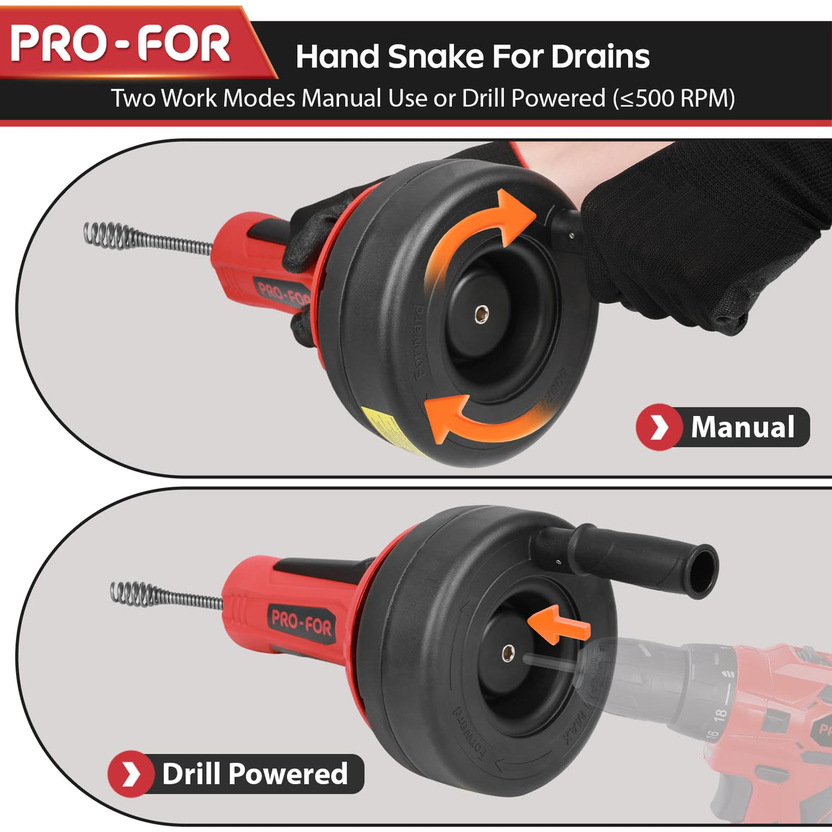 Drill adapter attached to PRO-FOR drain auger for faster results