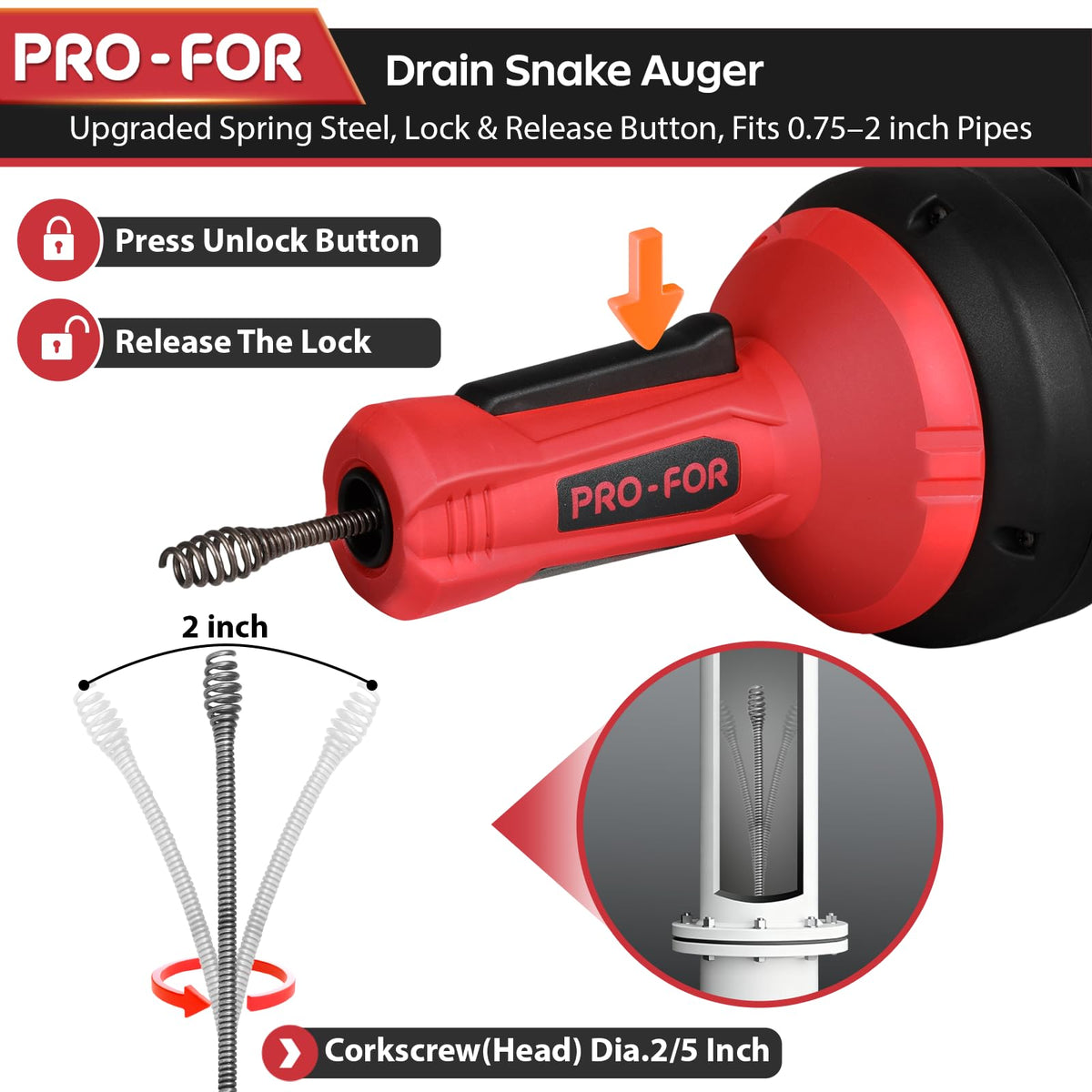 PRO-FOR auger handle with lock button for controlled unclogging