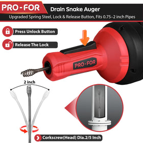 PRO-FOR auger handle with lock button for controlled unclogging