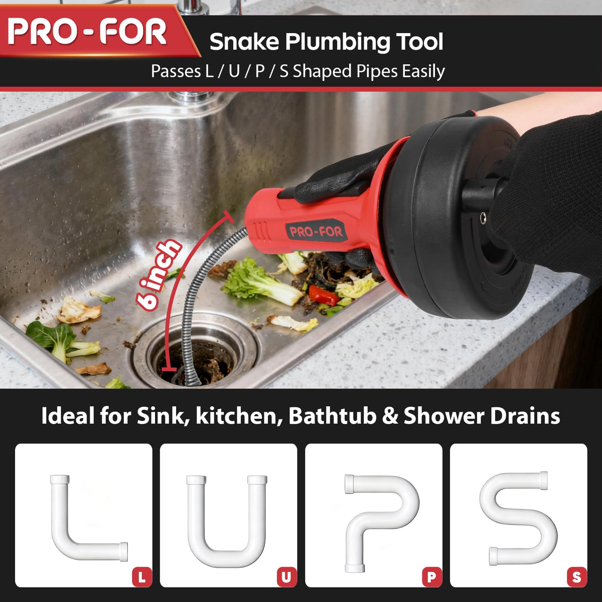 PRO-FOR drain auger used on 0.75–2 inch pipes
