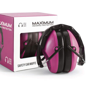 Pro For Sho 34dB NRR ear muffs folded compact pink for easy portability.