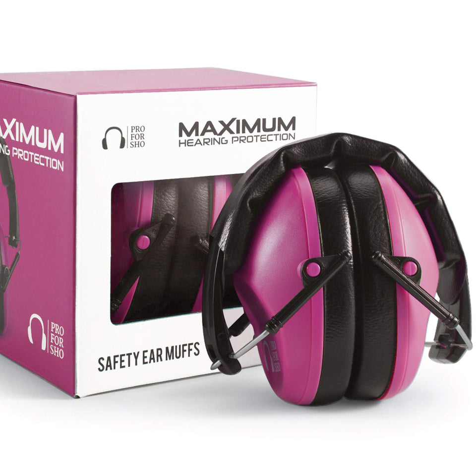 Pro For Sho 34dB NRR ear muffs folded compact pink for easy portability.