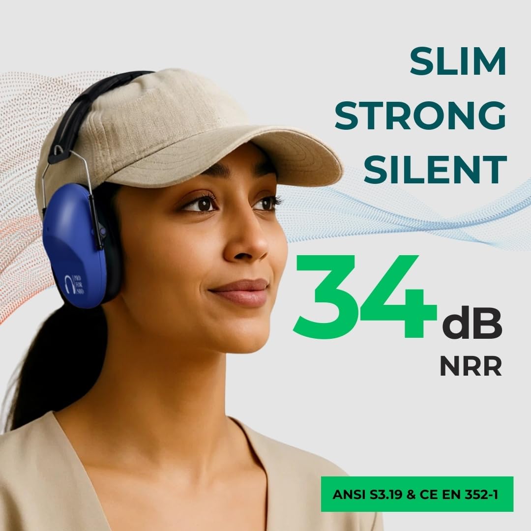 Pro For Sho 34dB NRR ear muffs worn on head, steady comfort at events.