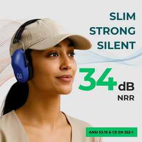 Pro For Sho 34dB NRR ear muffs worn on head, steady comfort at events.