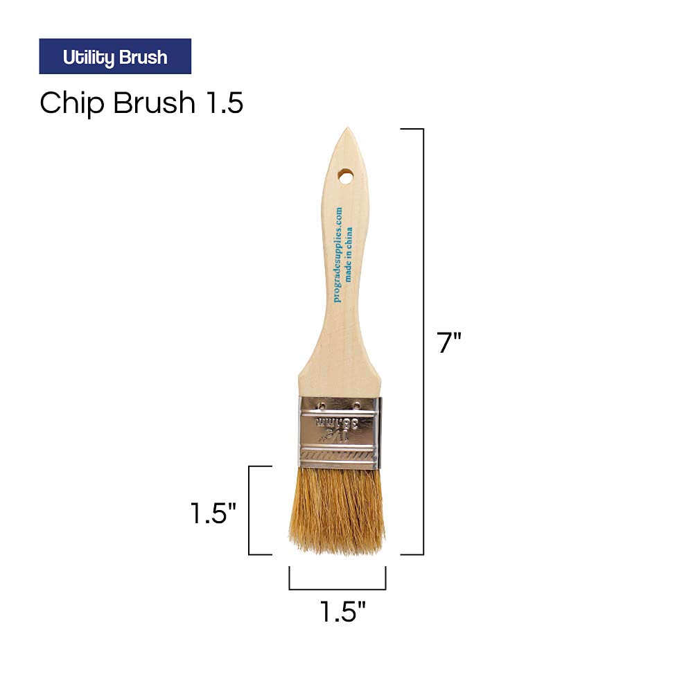 Pro Grade chip brushes wooden handle offering even coverage with 1.5-inch width.