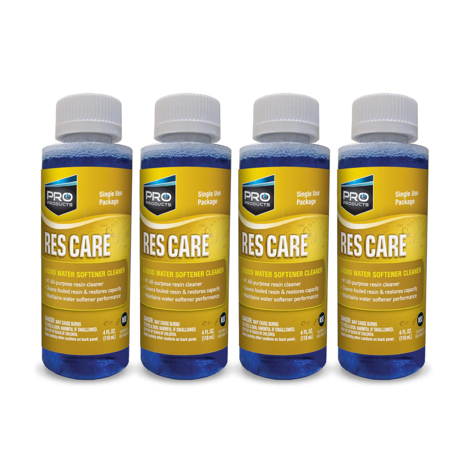 Pro Products Res Care bottle close-up showing cleaner for softeners